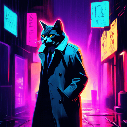 Noir Detective Cat in Rainy Neon Alley